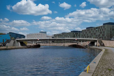 Berlin, Germany: April 21, 2022: Modern administrative building overlooking the spree river on museum island