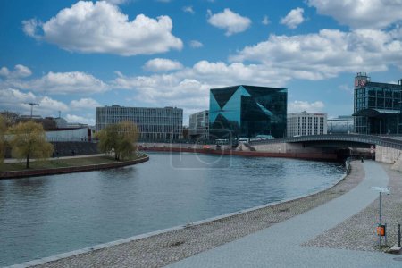 Berlin, Germany: April 21, 2022: Modern administrative building overlooking the spree river on museum island