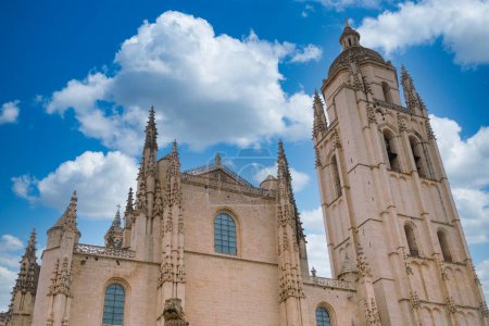 Segovia, Espaa. April 28, 2022: Segovia Cathedral with blue sky.