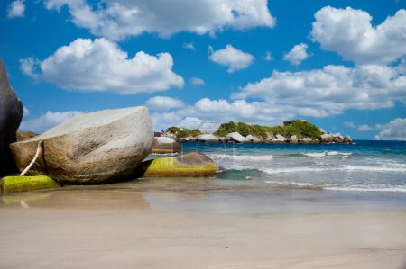Landscape on beaches of Tayrona National Park with blue sky. Santa marta colombia.