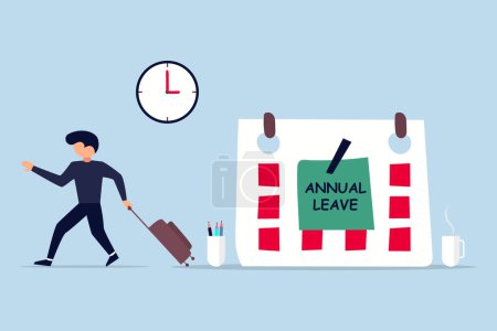 Illustration for Annual leave. happy businessman running with luggage from calendar with annual leave note. - Royalty Free Image