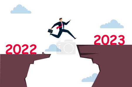 Illustration for New year 2023 hope for business recovery, change year from 2020 to 2021 calendar or new challenge coming concept, confident success businessman attempt to jump high overcome risk to next cliff. - Royalty Free Image
