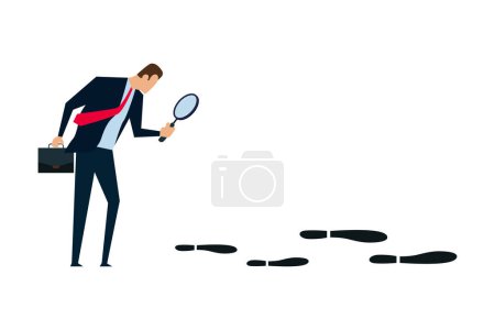 Illustration for Business success footprint, smart businessman using magnifying glass investigating bigger foot steps. - Royalty Free Image
