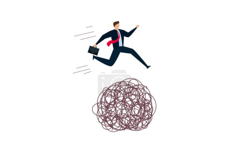 Illustration for Avoid business trouble risk, solving problem concept, smart superpower businessman jump pass trouble metaphor of business crisis. - Royalty Free Image