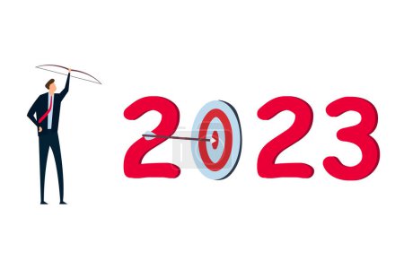 Illustration for New year 2023 resolution, business strategy plan and goal achievement, financial target for calendar year concept, confidence businessman leader shot archer arrow hitting bull eyes of target year 2023 - Royalty Free Image