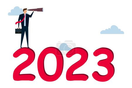 Téléchargez les illustrations : Année 2023 perspectives d'affaires, vision pour voir la voie à suivre, prévision, prévision et concept de réussite commerciale, homme d'affaires leader en utilisant le télescope pour voir la vision sur le dessus de l'échelle au-dessus de l'année 2023 nombre - en licence libre de droit