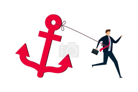 Illustration for Career burden, held back or no career path in work, tried stress businessman trying hard to run forward with heavy anchor. - Royalty Free Image