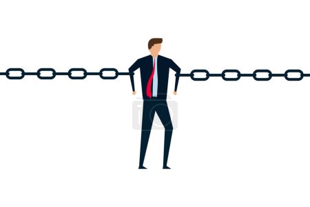 Illustration for Business risk, tried fatigue businessman trying to hold broken chain together with his low energy. - Royalty Free Image