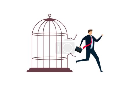Illustration for Breaking out of his usual comfort zone, the ambitious entrepreneur bent the iron rod and escaped the birdcage trap - Royalty Free Image