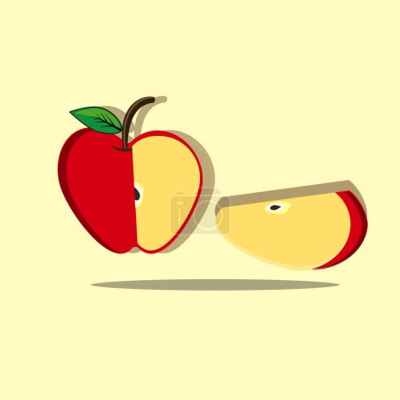 Illustration for Red apple whole fruit and half sliced isolated on white background. Ripe sweet apple icon for package design. Vector fruit illustration in flat style. - Royalty Free Image