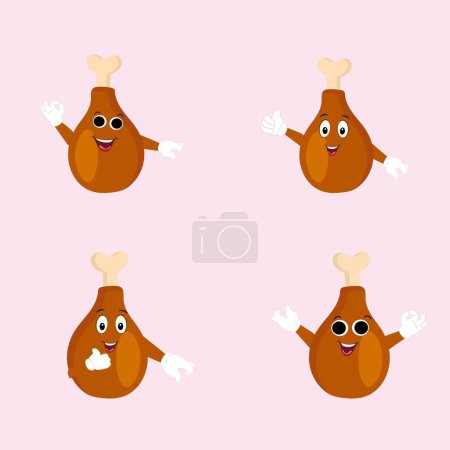 Illustration for Fried chicken, chicken thighs icon, vector fried chicken icon, cute emoji with happy face, fastfood or grill menu design. Funny food happy meal for children. Kawaii food icon. - Royalty Free Image