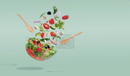 Photo for Glass Bowl with salad and floating in the air ingredients. Vegan salad from mix vegetables. Minimal concept of mediterranean food, pastel green background with copy space for text. - Royalty Free Image