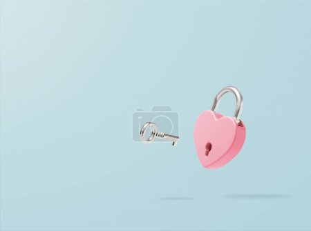 Photo for Heart-shaped pink padlock with  flying key on pastel blue background. Minimal Valentines Day, wedding or Mother's day concept. Creative love romantic emotion composition. Love messages for couples. - Royalty Free Image