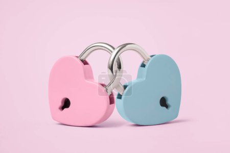 Photo for Minimal concept of Two Heart shaped padlock on pastel background. Valentine's Day card design. 14 february holiday symbol, romantic, love Concept. copy space - Royalty Free Image