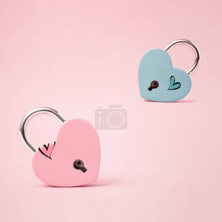 Photo for Minimal concept of Two Heart shaped padlock on pastel background. Valentine's Day card design. 14 february holiday symbol, romantic, love Concept. copy space - Royalty Free Image