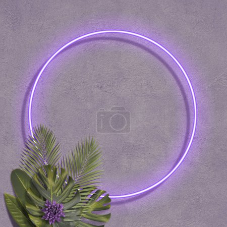 Photo for Minimal concept of Nature with copy space for text.Creative fluorescent color layout made of tropical leaves. Flat lay ultraviolet neon colors. Wall texture summer background. - Royalty Free Image