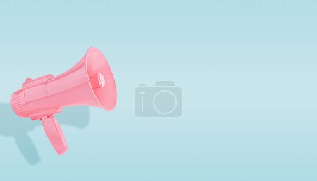 Photo for Pink megaphone isolated on a pastel blue background. Creative announcement concept. Advertisement mock up with copy space for text. - Royalty Free Image