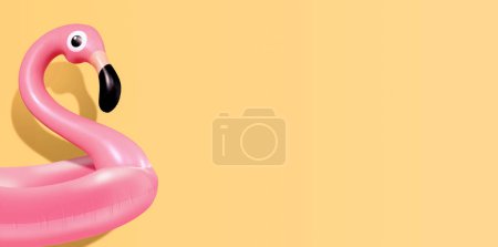 Téléchargez les photos : Composition tendance d'été en flamant rose gonflable sur fond jaune clair lumineux.Concept d'été minimal.Art créatif, Style contemporainFond de bannière avec espace d'écriture et espace de copie. - en image libre de droit