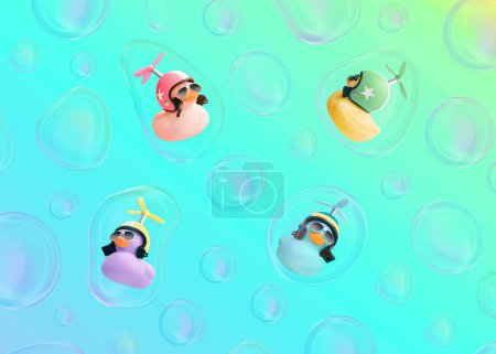 Photo for Creative composition made of colorful cute little rubber ducklings with a helmet and sunglasses floating in a soap bubble. Contemporary style.Creative art minimal aesthetic, minimal abstract concept - Royalty Free Image