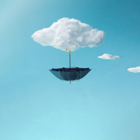Foto de Composición hecha de paraguas al revés unido a una nube. Concepto mínimo de momento surrealista, arte creativo, estética mínima. - Imagen libre de derechos