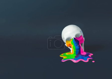 Photo for Skull with vivid paint which is dripping, leaking and pouring on dark background .Trendy Spooky collage, Halloween or Santa Muerte concept. Retro background - Royalty Free Image