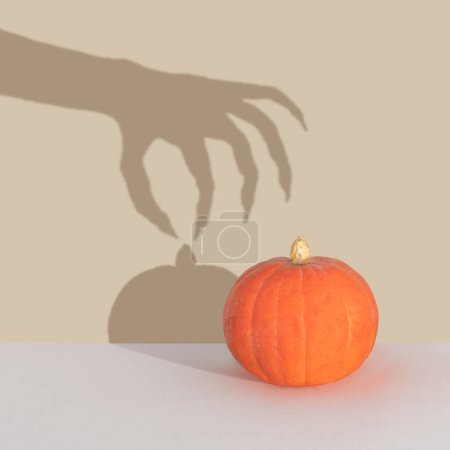 Foto de Halloween concepto mínimo con calabaza y sombra de mano de bruja o zombi. Creativo espeluznante vacaciones divertido fondo - Imagen libre de derechos