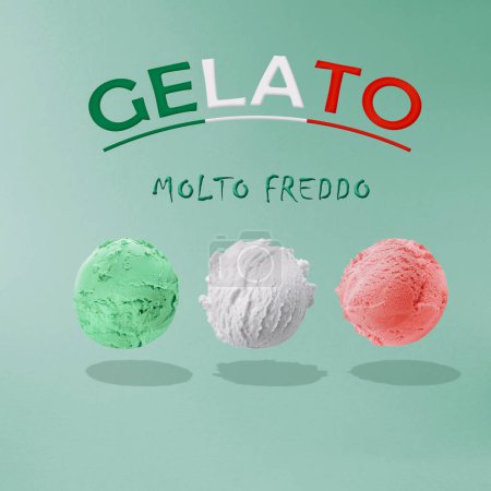 Photo for Gelato Ice cream scoops against pastel green background. Abstract Infographic design of ice cream. Food deconstructed food styling concept.Trendy summer collage of creative art minimal aesthetic - Royalty Free Image