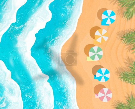 Foto de Colorida playa minimalista de arena y mar con olas marinas. Sombrillas y toallas. Concepto de vacaciones de verano. Escena de verano. Puesta plana - Imagen libre de derechos