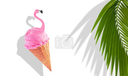 Photo for Minimal creative summer or caribbean concept. Tropical background with palm tree, Pink flamingo in ice cream waffle cone and place for writing text. Creative abstract art minimal aesthetic - Royalty Free Image