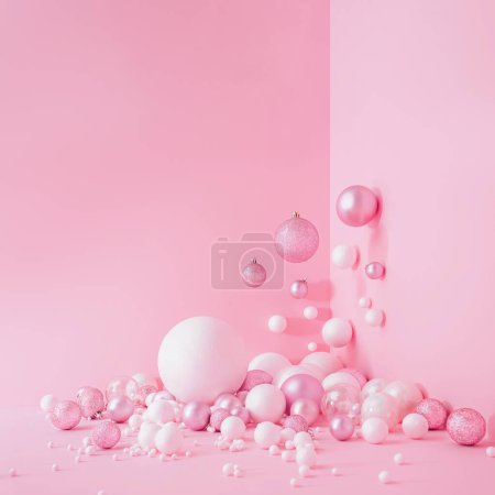 Photo for Creative Abstract Festive composition with Christmas design pink pastel color background and pink and white balls Minimal concept of New Year's and Christmas Holidays. Flat lay. - Royalty Free Image