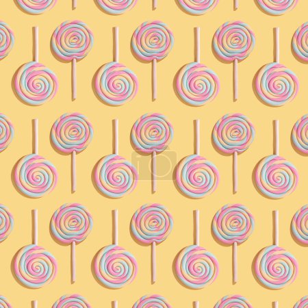 Foto de Patrón colorido hecho de piruletas sobre un fondo amarillo pastel. Un lai plano. El concepto de dulces. - Imagen libre de derechos