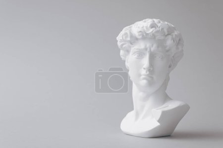 Photo for Gypsum statue of David's head. Michelangelo's David statue plaster copy isolated on white background. Minimal concept of Ancient greek sculpture, statue of hero - Royalty Free Image
