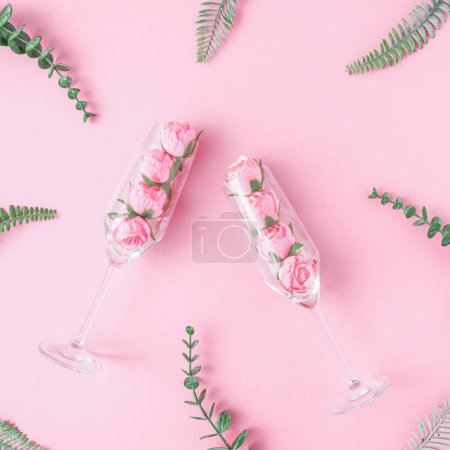 Photo for Creative natural minimal flat lay layout with flowers and champagne glasses. Mother's day or Valentines concept background design. - Royalty Free Image