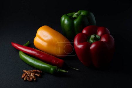 buntes Gemüse Paprika Chili auf schwarzem Hintergrund