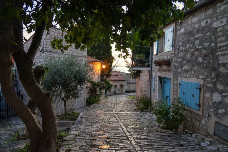 beautiful street of Rovinj Croatia with cobblestone and colorful shutters .
