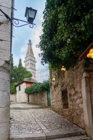 beautiful street of Rovinj Croatia with cobblestone and church tower .