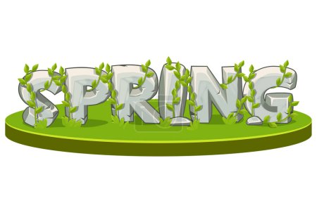 Photo for Cartoon logo spring from stone on island isometric with grass. Glade with rocks word for game graphic design. - Royalty Free Image