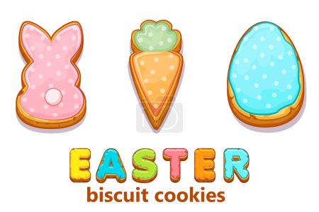 Photo for Happy Easter with cute bunnies and egg biscuit cookies. Holiday greeting with carrot cookies and inscription. - Royalty Free Image