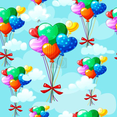 Téléchargez les photos : Seamless pattern heart-shaped colored balloons in the sky background. Romantic festive texture for wrapping paper, wallpaper for Valentines Day. - en image libre de droit
