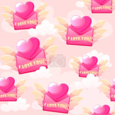 Foto de Seamless pattern Valentines Day envelope letter icon with heart. Textural fren pink icon with the inscription I love you. - Imagen libre de derechos