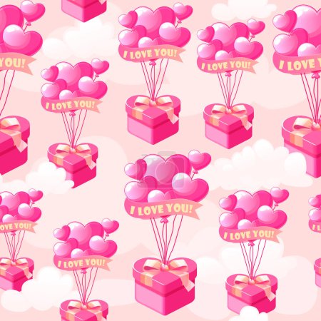 Téléchargez les photos : Seamless pattern bunch pink heart-shaped balloons with gift box for Valentines Day. Cute balloons background with declarations of love inscription. - en image libre de droit