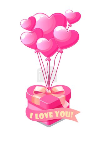 Photo for Bunch pink heart-shaped balloons with gift box for Valentines Day. Cute festive balloons with bow for declarations of love. - Royalty Free Image