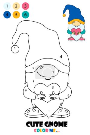 Cute gnomes coloring book, cartoon illustration. Gnome holding a heart