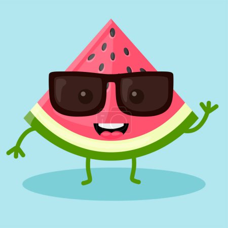 Photo for Cute kawaii happy watermelon slice with black glasses, fruit  image on blue background. Similar JPG copy - Royalty Free Image