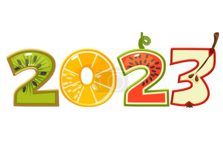 Téléchargez les photos : 2023 à partir de chiffres de fruits, figure dans le style de dessin animé. Similaire copie JPG - en image libre de droit