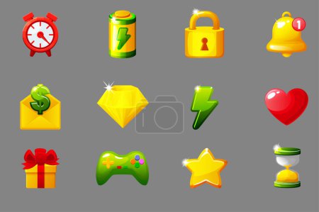 Set von Spielsymbolen für die Benutzeroberfläche. GUI-Elemente für mobile App. Ähnliche JPG-Kopie