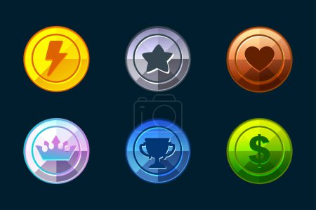 Photo for Set of game metal icons-energy, star, heart, dollar, crown and award cup. Similar JPG copy - Royalty Free Image
