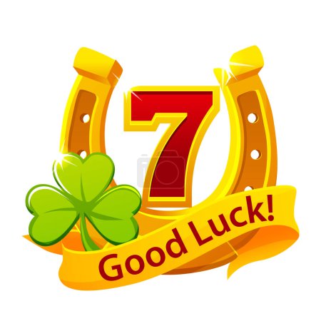 Photo for Clover, Golden Horseshoe and 7. Good luck symbol text on award ribbon. - Royalty Free Image