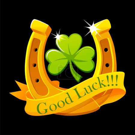 Photo for Green clover, Golden Horseshoe and ribbon. Good luck symbol. - Royalty Free Image