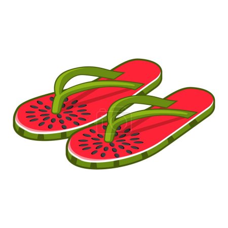 Foto de Chanclas de playa de verano. Zapatillas aisladas de dibujos animados con sandía, vista superior de sandalias para pie femenino. - Imagen libre de derechos